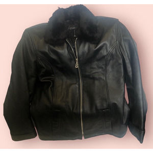 Rare Bogner Women Black Leather Ski Bomber Jacket Coat Beaver Collar sz. 14 VG